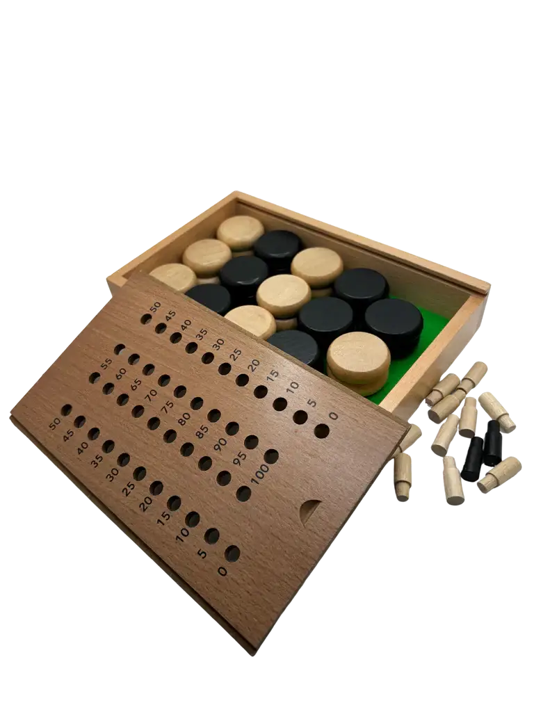 Crokinole: Magnetic Clasp Storage Box, 2 Pegs Scoring Track & 28 discs