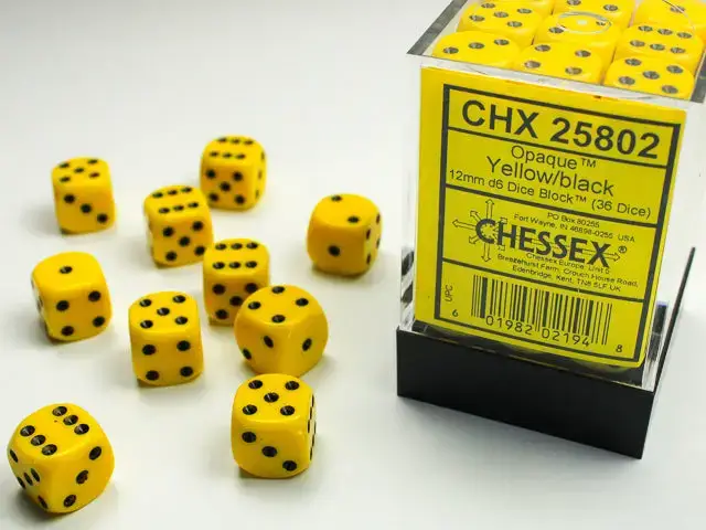 Dice Set: Opaque - Yellow/Black - 12mm - d6 (36)
