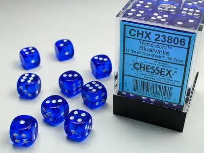 Dice Set: Translucent - Blue/White - 12mm - d6 (36)