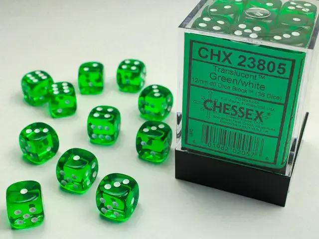 Dice Set: Translucent - Green/White - 12mm - d6 (36)