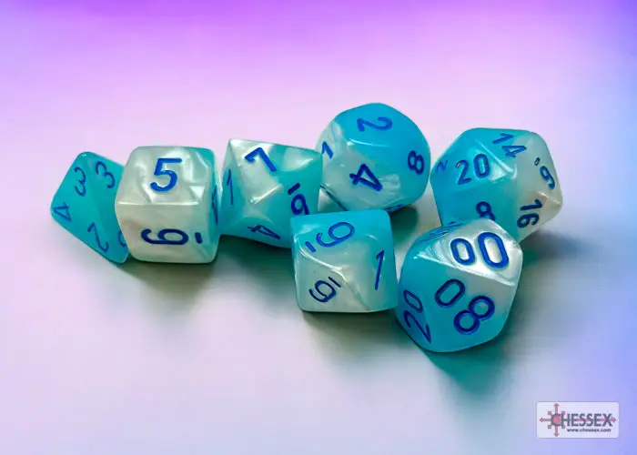 RPG Dice Set: Gemini - Luminary - Polyhedral - Pearl Turquoise-White/Blue (7)